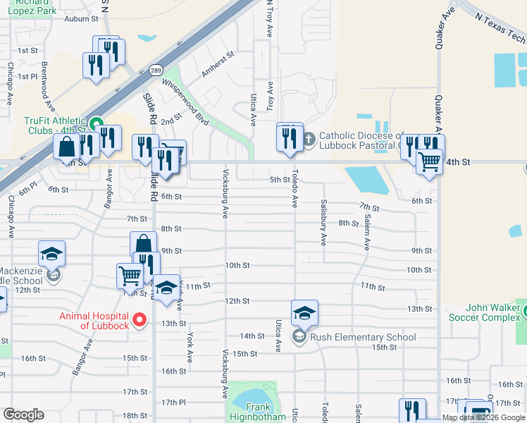 map of restaurants, bars, coffee shops, grocery stores, and more near 4817 7th Street in Lubbock