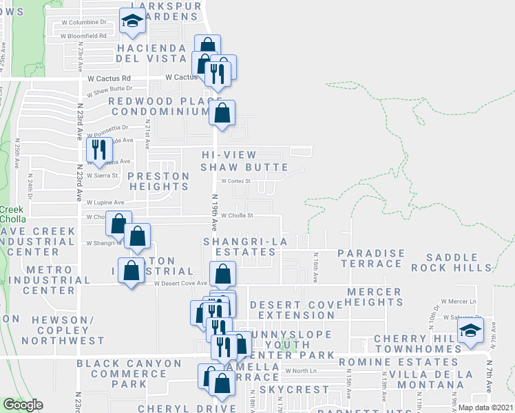 map of restaurants, bars, coffee shops, grocery stores, and more near 1716 West Cholla Street in Phoenix