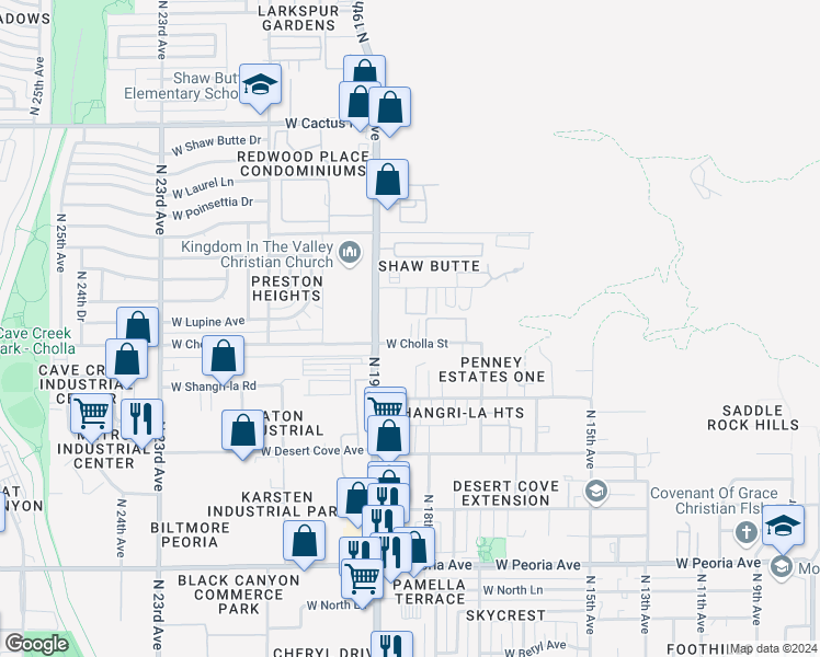 map of restaurants, bars, coffee shops, grocery stores, and more near 1820 West Cholla Street in Phoenix