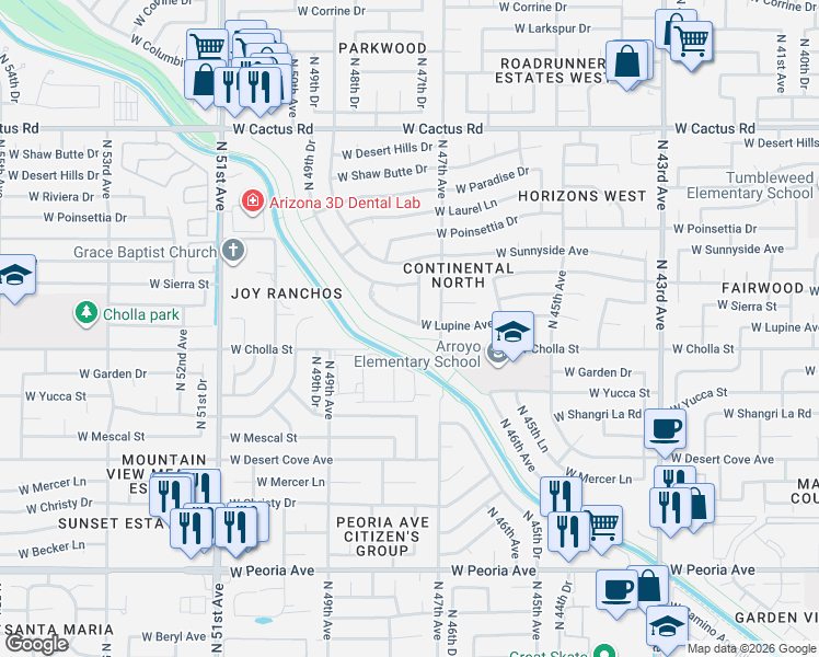 map of restaurants, bars, coffee shops, grocery stores, and more near 4723 West Lupine Avenue in Glendale
