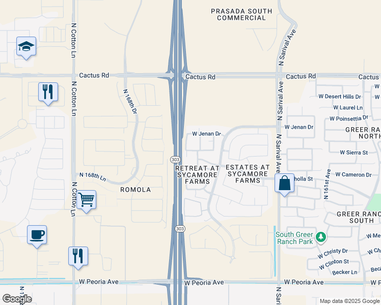 map of restaurants, bars, coffee shops, grocery stores, and more near 16651 West Sierra Street in Surprise