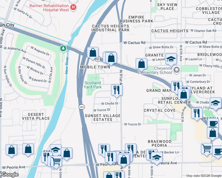 map of restaurants, bars, coffee shops, grocery stores, and more near 9202 West Cameron Drive in Peoria