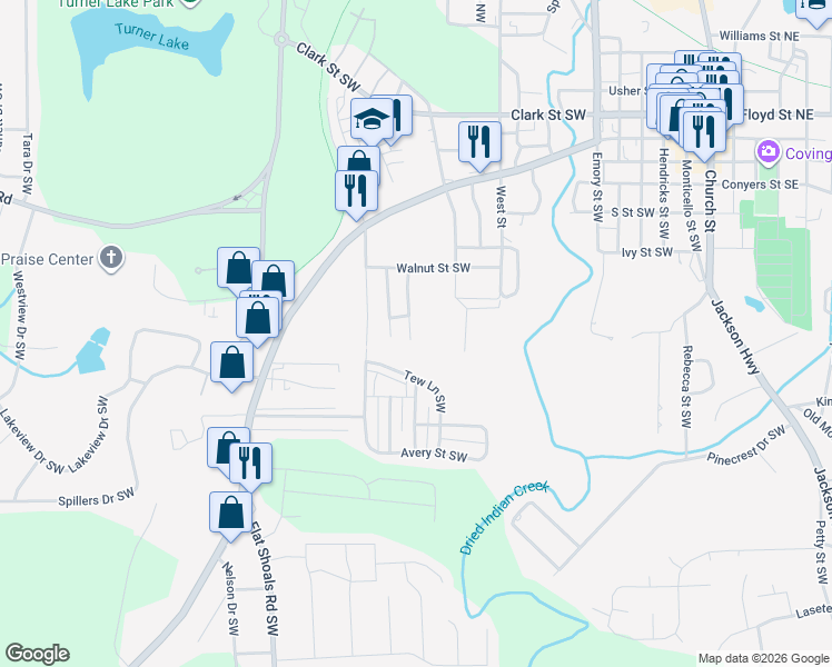 map of restaurants, bars, coffee shops, grocery stores, and more near 5175 Lackey Street Southwest in Covington