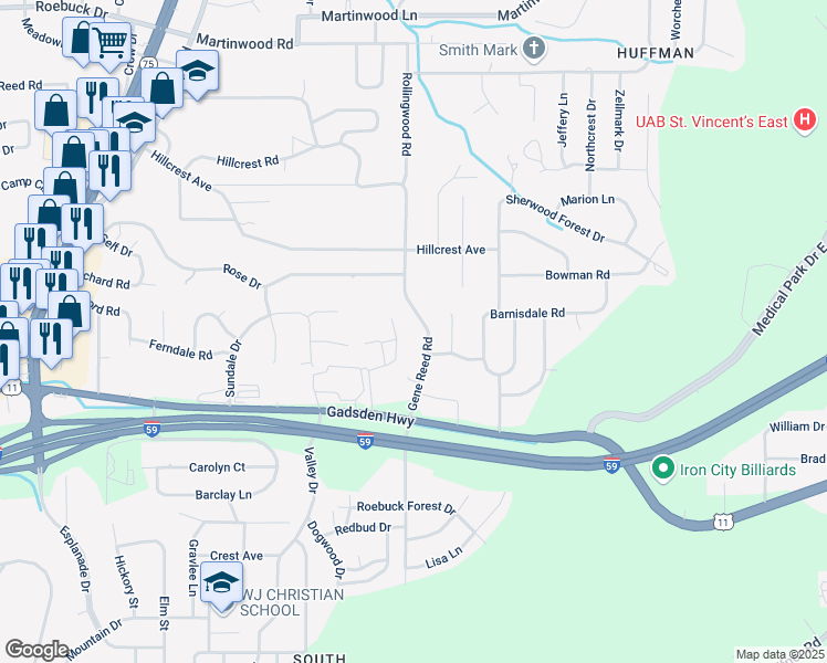 map of restaurants, bars, coffee shops, grocery stores, and more near 1031 Gene Reed Road in Birmingham