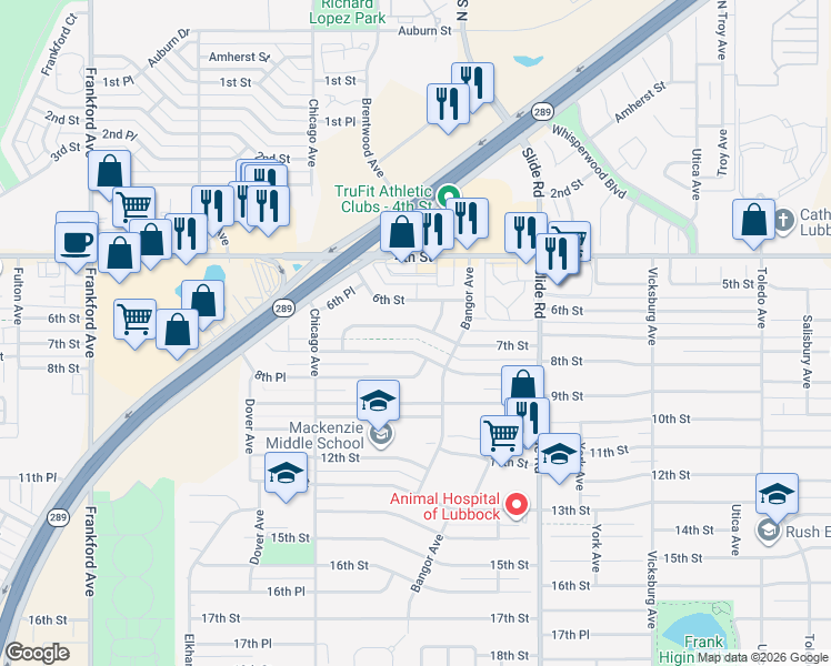 map of restaurants, bars, coffee shops, grocery stores, and more near 5420 8th Street in Lubbock