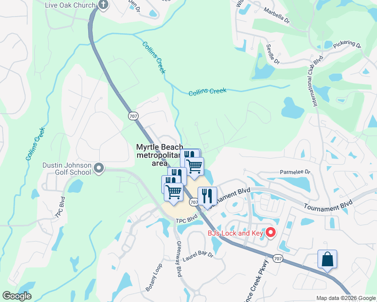 map of restaurants, bars, coffee shops, grocery stores, and more near 6383 Starbuck Lake Road in Murrells Inlet