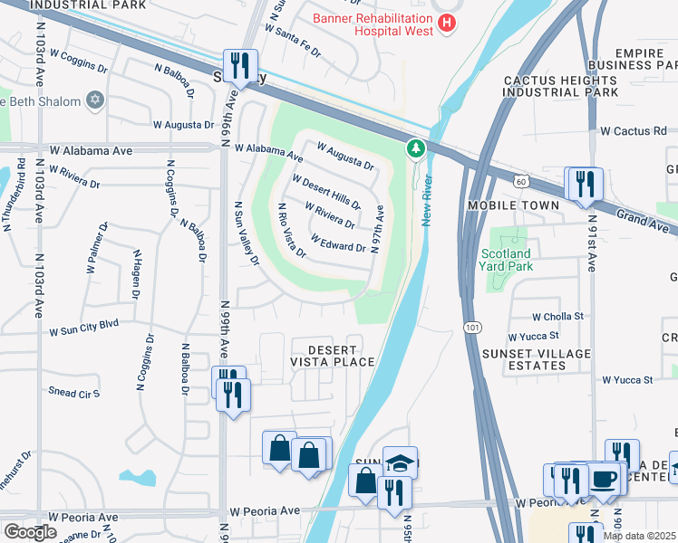 map of restaurants, bars, coffee shops, grocery stores, and more near 11626 North Rio Vista Drive in Sun City