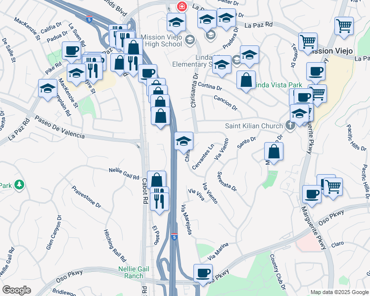 map of restaurants, bars, coffee shops, grocery stores, and more near 25691 Chrisanta Drive in Mission Viejo