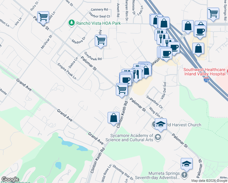 map of restaurants, bars, coffee shops, grocery stores, and more near 22691 Palomar Street in Wildomar
