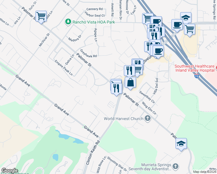 map of restaurants, bars, coffee shops, grocery stores, and more near in Wildomar