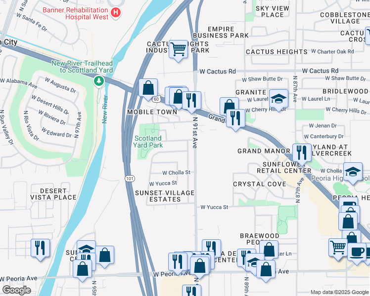 map of restaurants, bars, coffee shops, grocery stores, and more near 9118 West Cameron Drive in Peoria