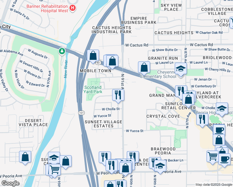 map of restaurants, bars, coffee shops, grocery stores, and more near 11443 North 91st Drive in Peoria