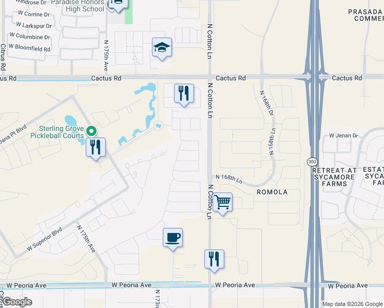 map of restaurants, bars, coffee shops, grocery stores, and more near 17152 West Wildwood Street in Surprise