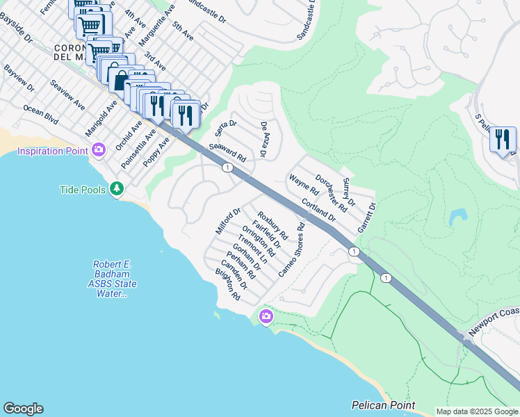 map of restaurants, bars, coffee shops, grocery stores, and more near 4512 Roxbury Road in Newport Beach