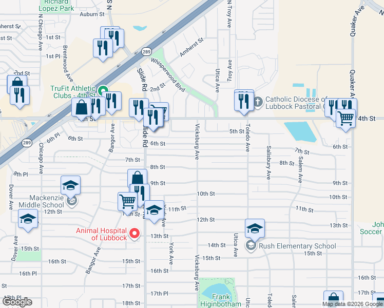 map of restaurants, bars, coffee shops, grocery stores, and more near 4907 7th Street in Lubbock