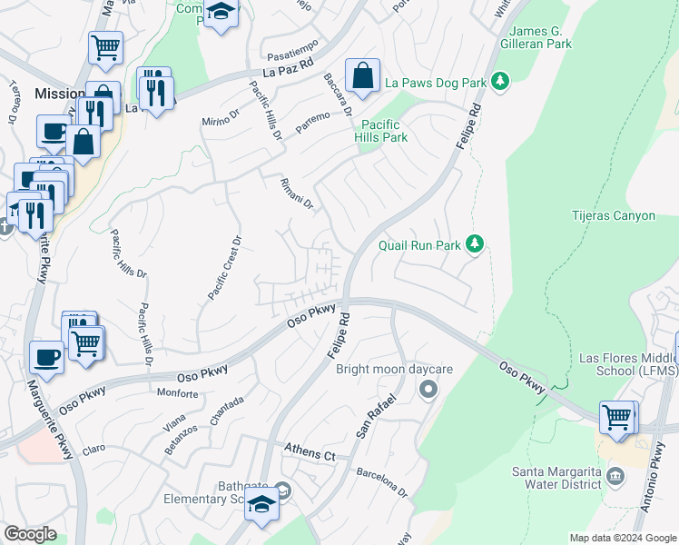 map of restaurants, bars, coffee shops, grocery stores, and more near 91 Melrose Drive in Mission Viejo