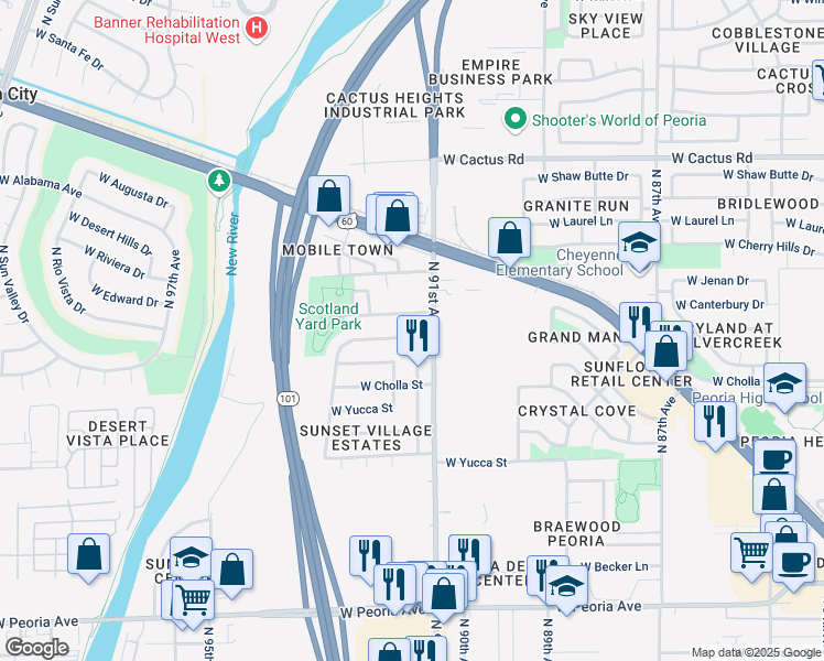 map of restaurants, bars, coffee shops, grocery stores, and more near 9118 West Cameron Drive in Peoria