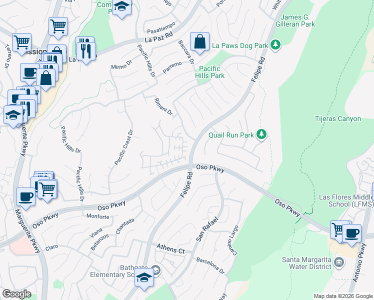 map of restaurants, bars, coffee shops, grocery stores, and more near 91 Melrose Drive in Mission Viejo