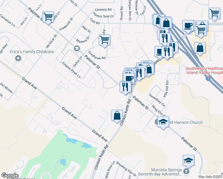 map of restaurants, bars, coffee shops, grocery stores, and more near 32436 Shadow Canyon Trail in Wildomar