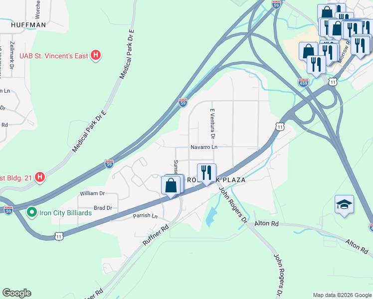 map of restaurants, bars, coffee shops, grocery stores, and more near 332 Del Rio Drive in Birmingham