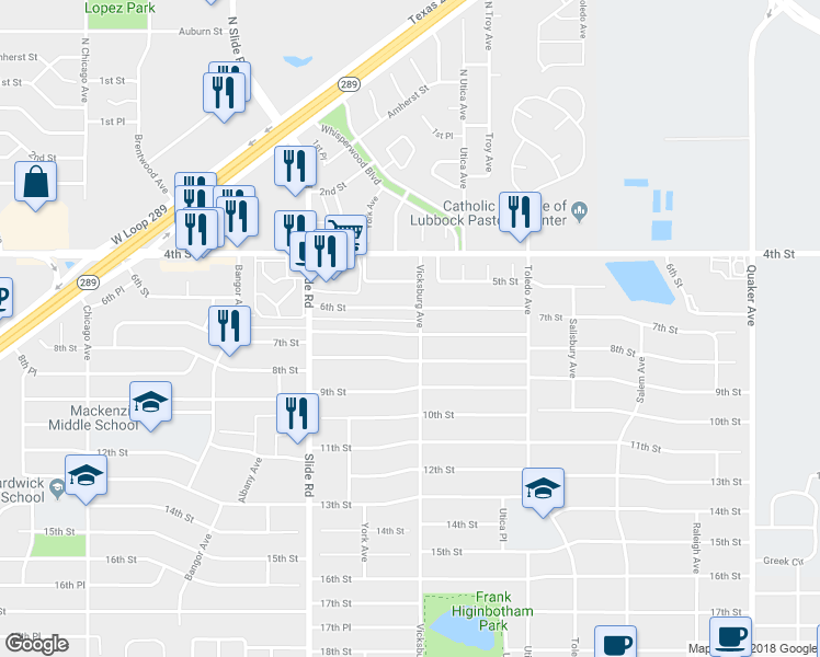 map of restaurants, bars, coffee shops, grocery stores, and more near 4907 7th Street in Lubbock