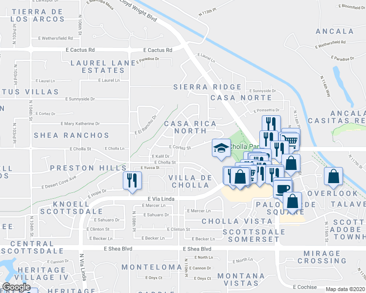 map of restaurants, bars, coffee shops, grocery stores, and more near 11595 North 110th Place in Scottsdale