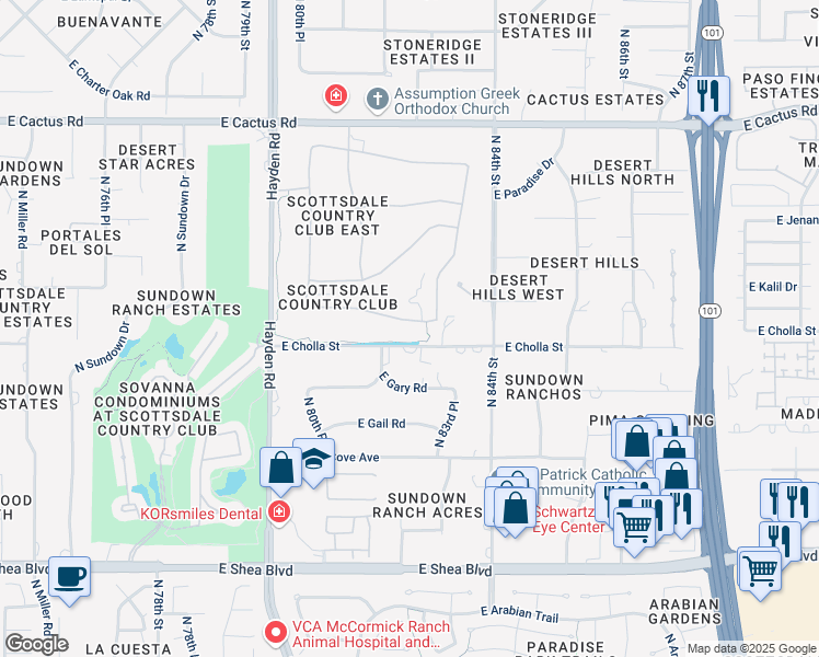 map of restaurants, bars, coffee shops, grocery stores, and more near 8281 East Kalil Drive in Scottsdale