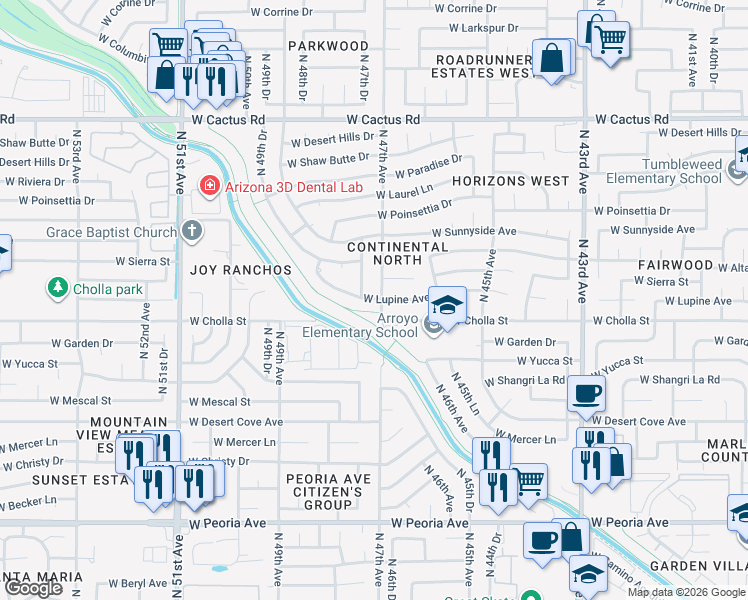 map of restaurants, bars, coffee shops, grocery stores, and more near 4723 West Lupine Avenue in Glendale