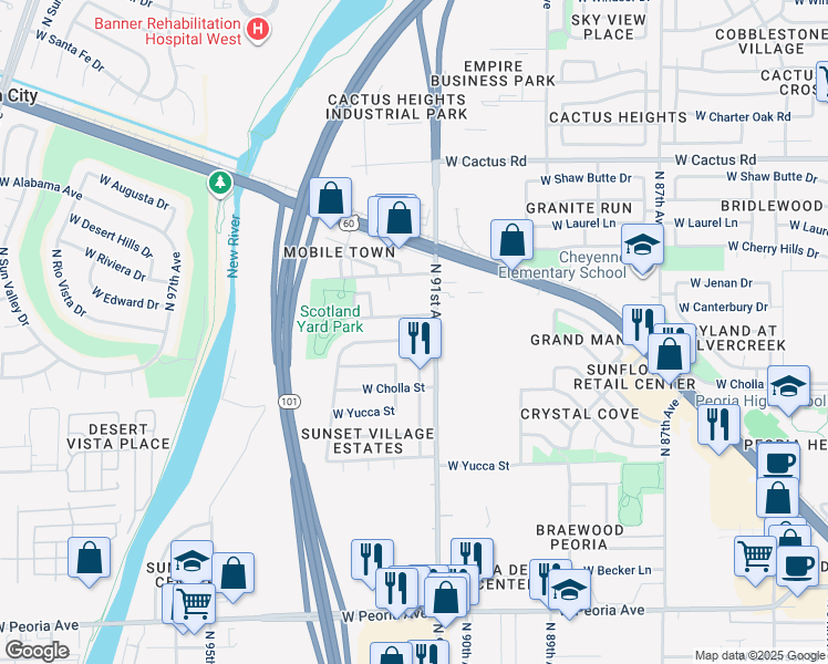 map of restaurants, bars, coffee shops, grocery stores, and more near 11443 North 91st Drive in Peoria