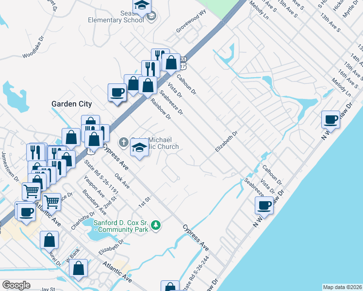 map of restaurants, bars, coffee shops, grocery stores, and more near 906 Dock Place in Murrells Inlet