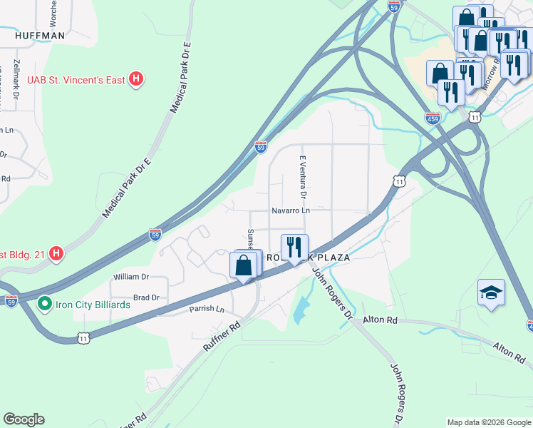 map of restaurants, bars, coffee shops, grocery stores, and more near 332 Del Rio Drive in Birmingham