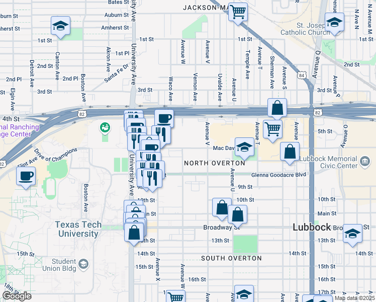 map of restaurants, bars, coffee shops, grocery stores, and more near 2210 Glenna Goodacre Boulevard in Lubbock