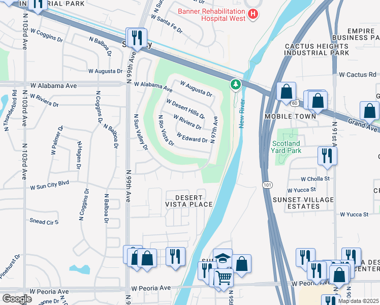 map of restaurants, bars, coffee shops, grocery stores, and more near 11626 North Rio Vista Drive in Sun City
