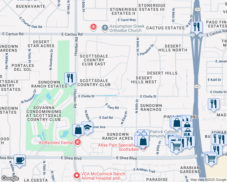 map of restaurants, bars, coffee shops, grocery stores, and more near 8281 East Kalil Drive in Scottsdale