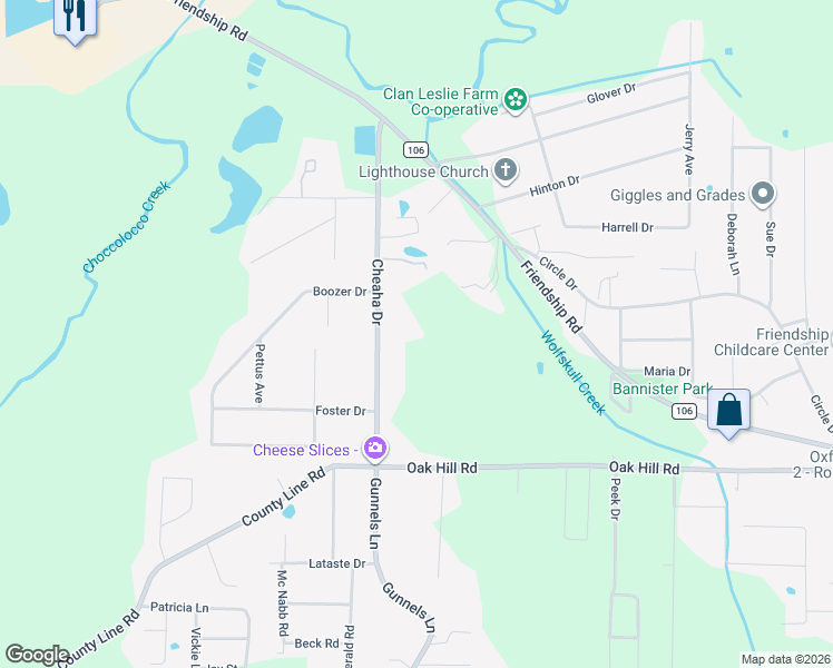 map of restaurants, bars, coffee shops, grocery stores, and more near 1913 Cheaha Drive in Oxford