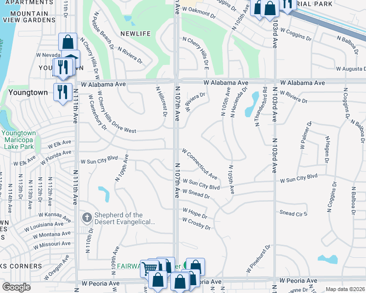 map of restaurants, bars, coffee shops, grocery stores, and more near 10656 West Connecticut Avenue in Sun City