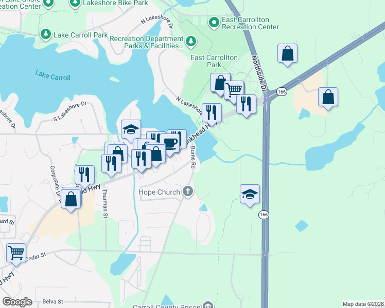 map of restaurants, bars, coffee shops, grocery stores, and more near 190 Burns Road in Carrollton
