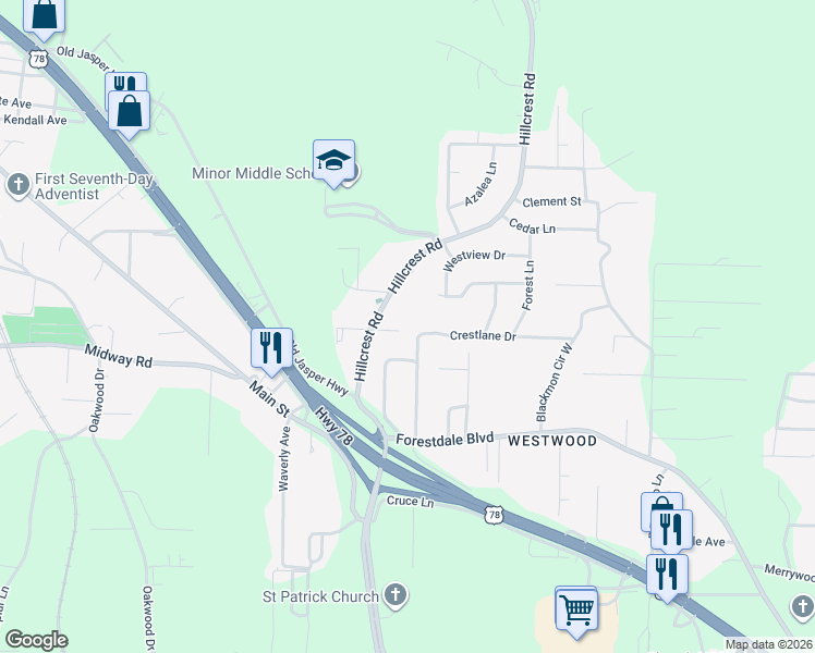 map of restaurants, bars, coffee shops, grocery stores, and more near 3107 Oak Street in Adamsville