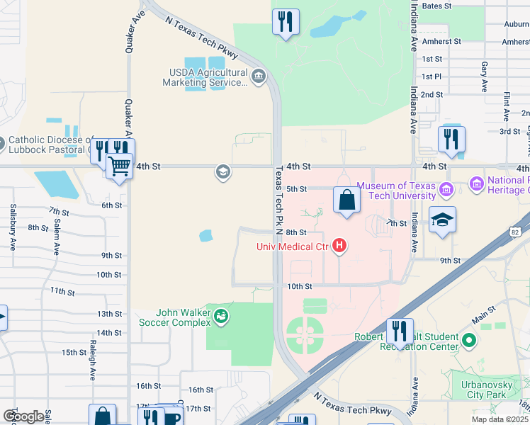 map of restaurants, bars, coffee shops, grocery stores, and more near 420 Texas Tech Parkway in Lubbock