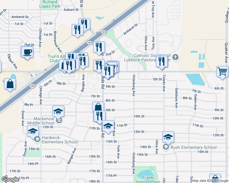 map of restaurants, bars, coffee shops, grocery stores, and more near 4926 7th Street in Lubbock