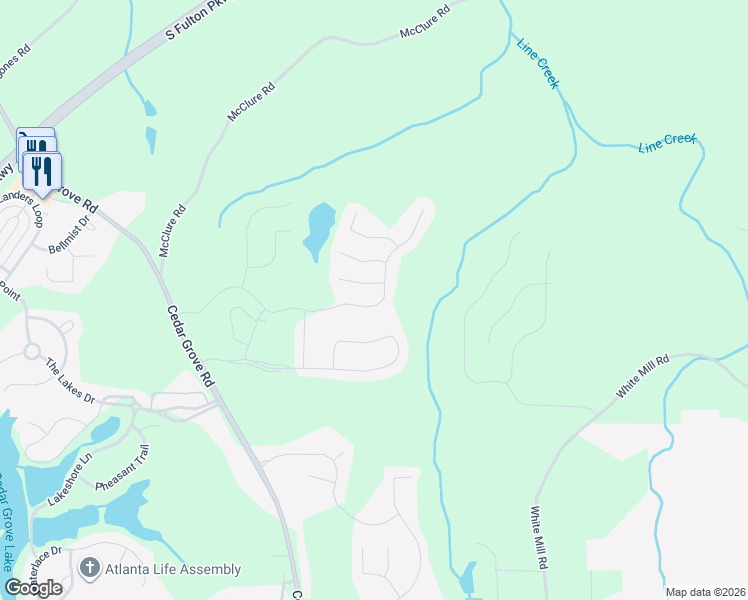 map of restaurants, bars, coffee shops, grocery stores, and more near 7318 Parks Trail in Fairburn