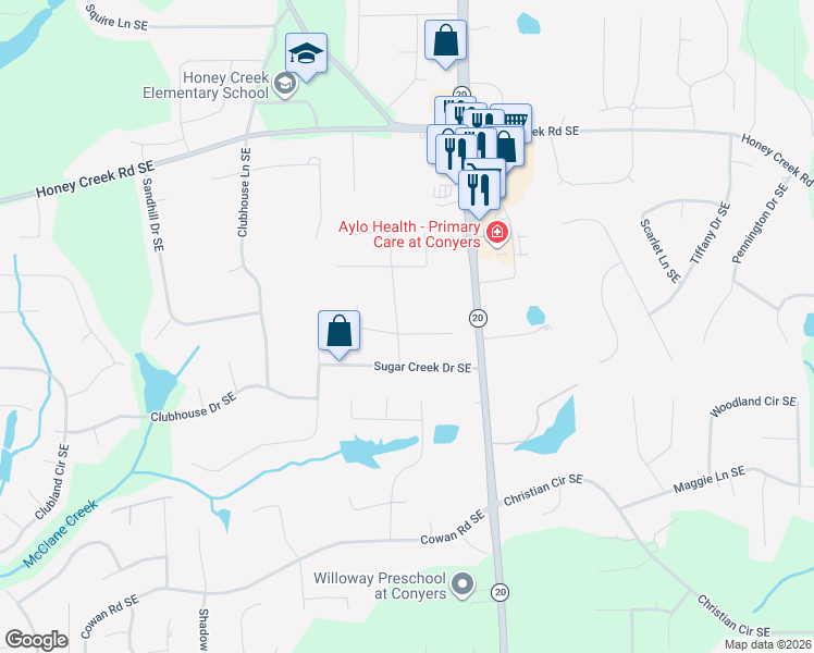 map of restaurants, bars, coffee shops, grocery stores, and more near 897 Sweet Briar Trail Southeast in Conyers