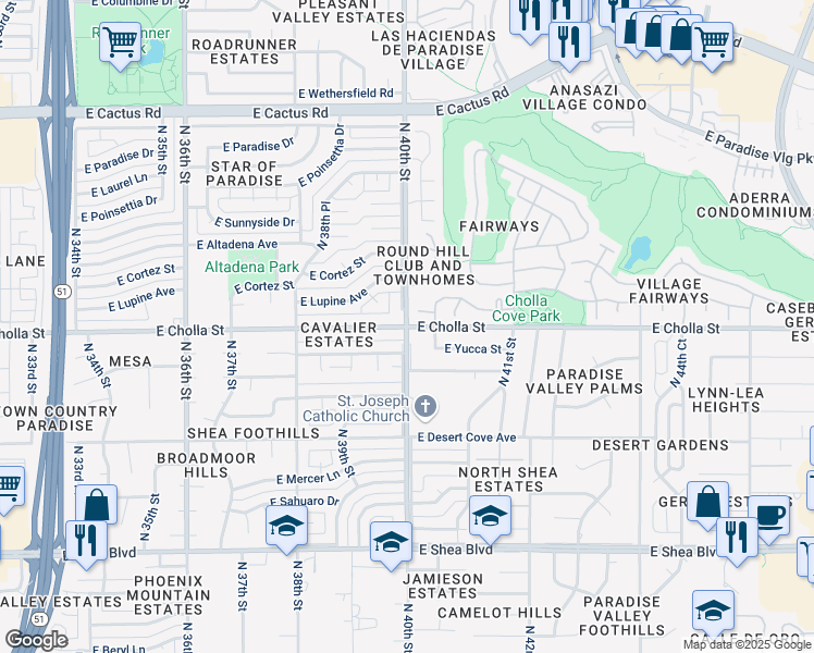 map of restaurants, bars, coffee shops, grocery stores, and more near N 40th St & E Cholla St in Phoenix