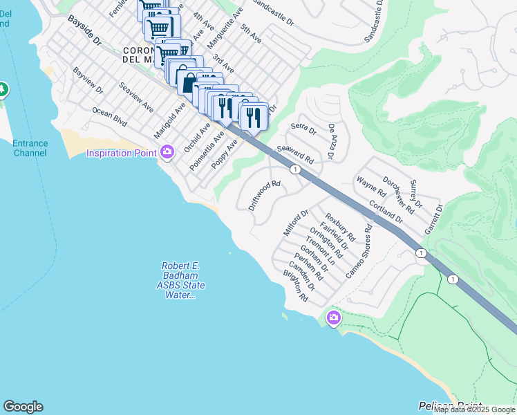 map of restaurants, bars, coffee shops, grocery stores, and more near 221 Morning Canyon Road in Newport Beach