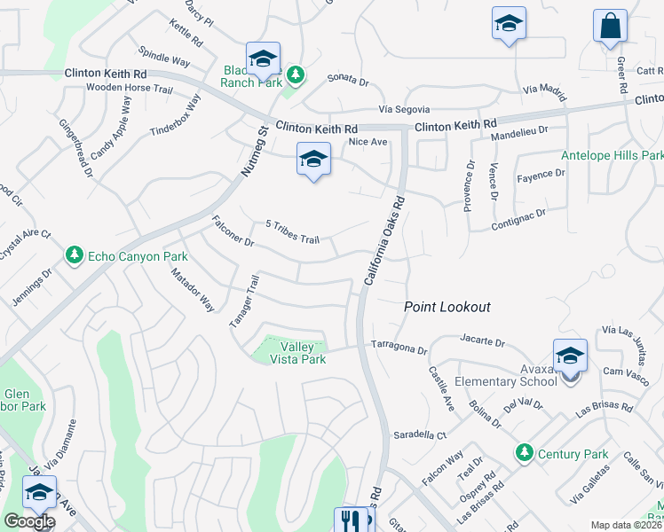 map of restaurants, bars, coffee shops, grocery stores, and more near 24107 Falconer Drive in Murrieta