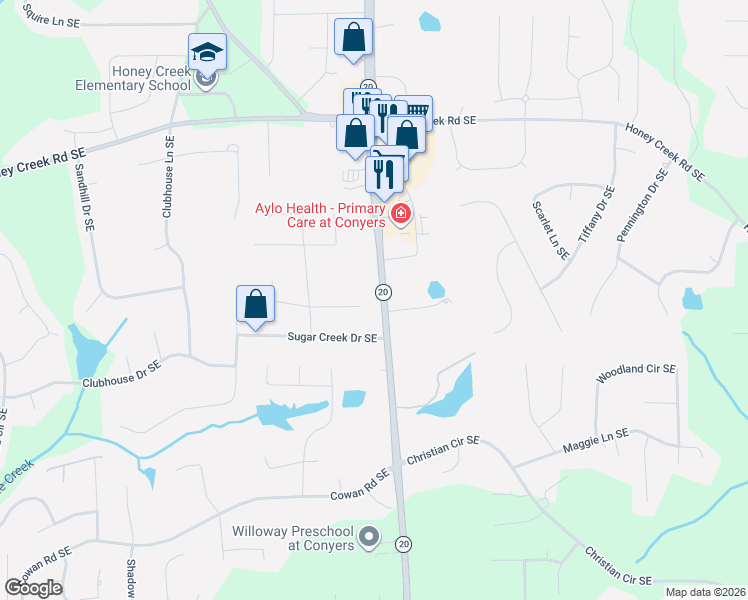 map of restaurants, bars, coffee shops, grocery stores, and more near 947 Sweet Briar Trail Southeast in Conyers