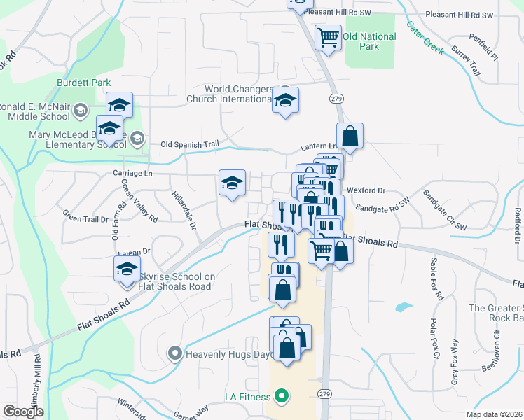 map of restaurants, bars, coffee shops, grocery stores, and more near 2555 Flat Shoals Road in College Park