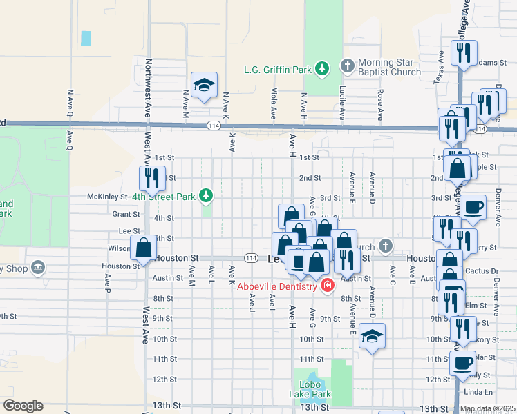 map of restaurants, bars, coffee shops, grocery stores, and more near in Levelland