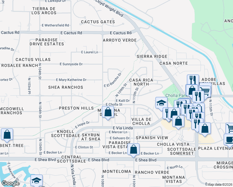 map of restaurants, bars, coffee shops, grocery stores, and more near 11431 North 109th Street in Scottsdale