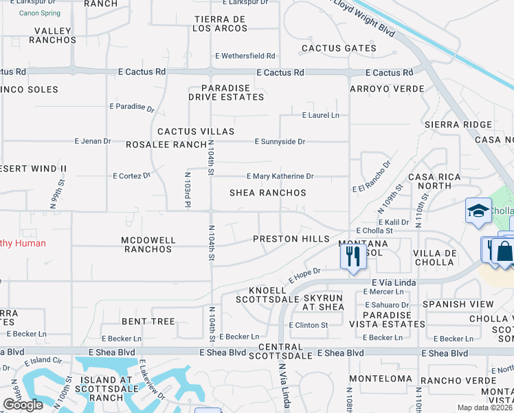 map of restaurants, bars, coffee shops, grocery stores, and more near 11375 North 105th Place in Scottsdale